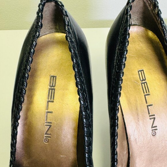 BELLINI SIZE 7 Black PATENT LEATHER OPEN TOE TRIM BOW DETAIL STITCHING PLEATED - Picture 4 of 7